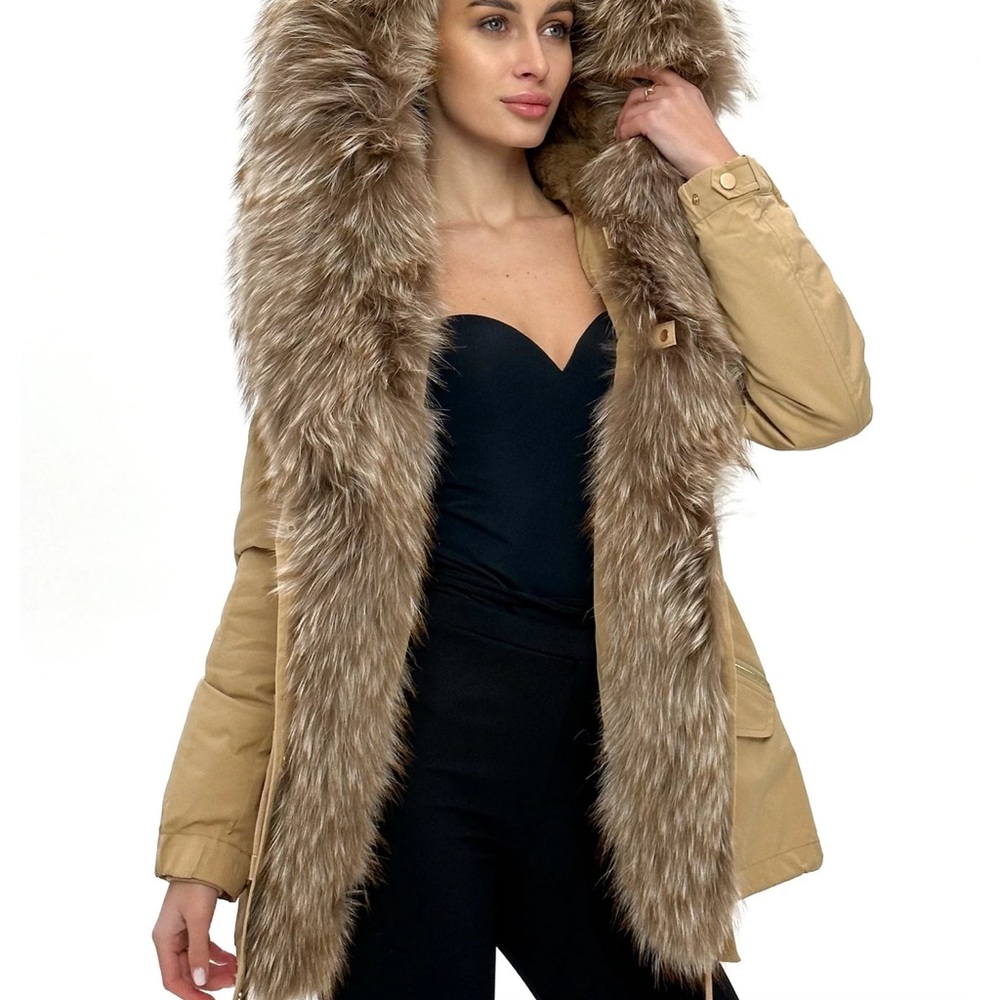 Women's Tan Parka with Faux Fur Trim